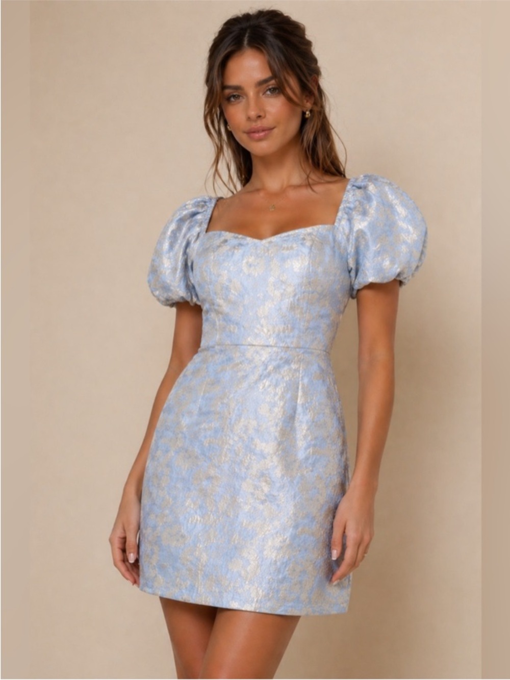 NEW Lulu's Light Blue and Gold Puff-Sleeve Mini Dress